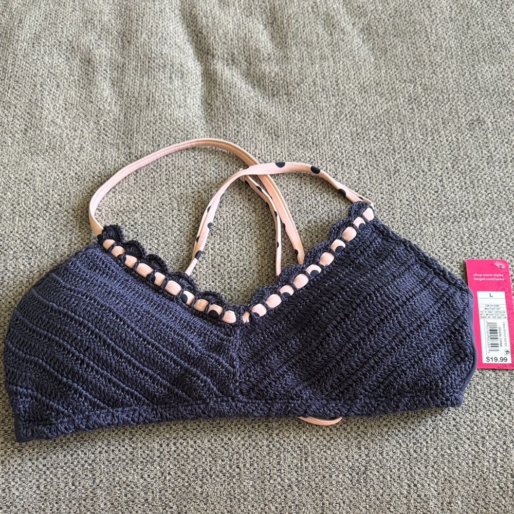 Women’s Navy Crochet swimsuit top with Pink Straps